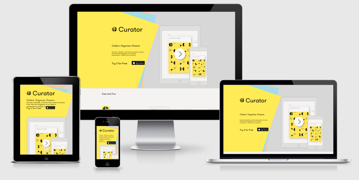 Curator App in four different responsive viewports
