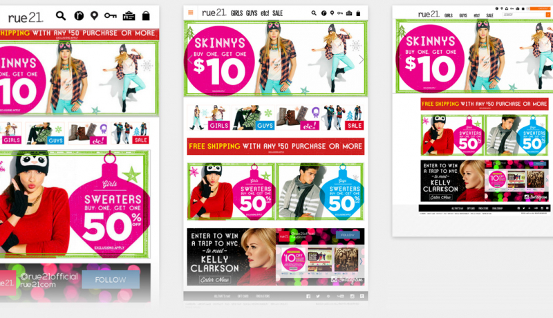 RUE21 responsive screen shots across 3 viewports