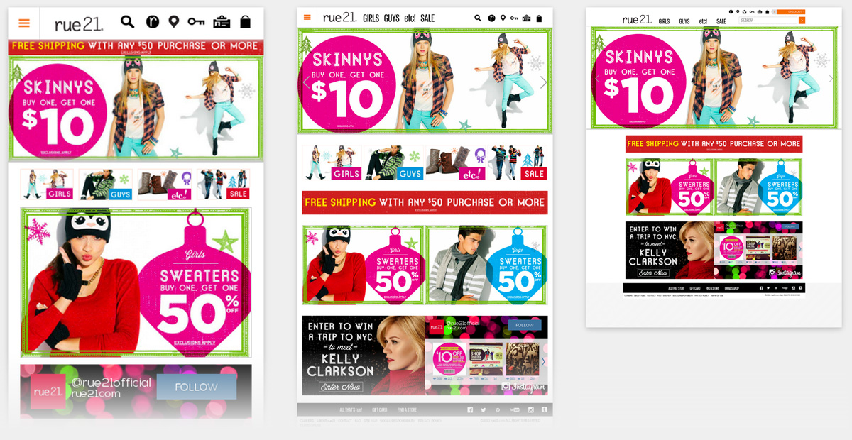 RUE21 responsive screen shots across 3 viewports