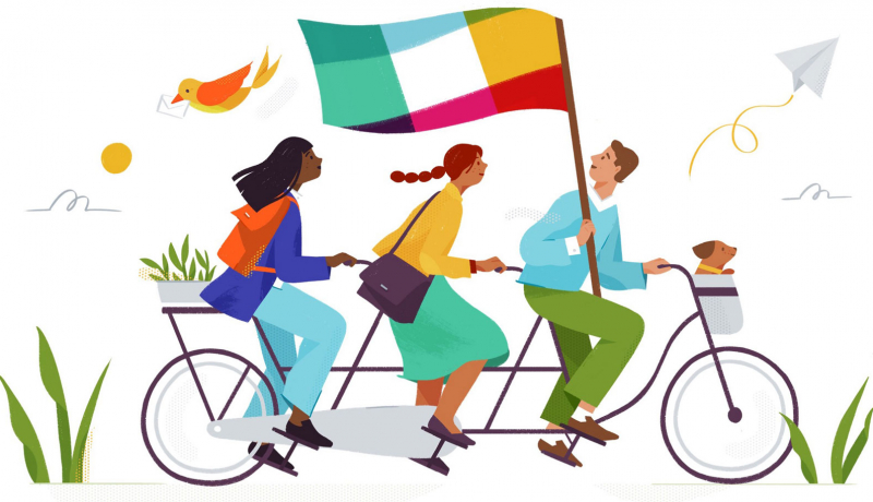 Illustration of 3 people riding a tandem bike with a slack.com flag.